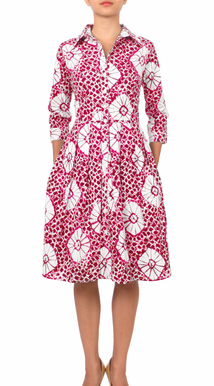 3/4 Sleeve | Itajime Shibori | Pink White | Front | Shirt Dress By Samantha Sung