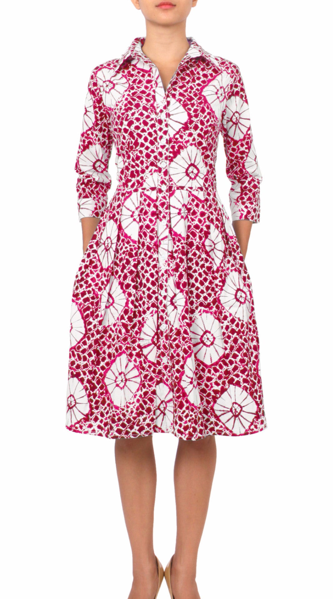 3/4 Sleeve | Itajime Shibori | Pink White | Front | Shirt Dress By Samantha Sung