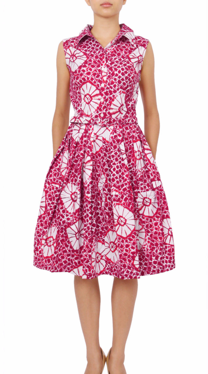 Sleeveless | Itajime Shibori | Pink White | Front | Shirt Dress By Samantha Sung