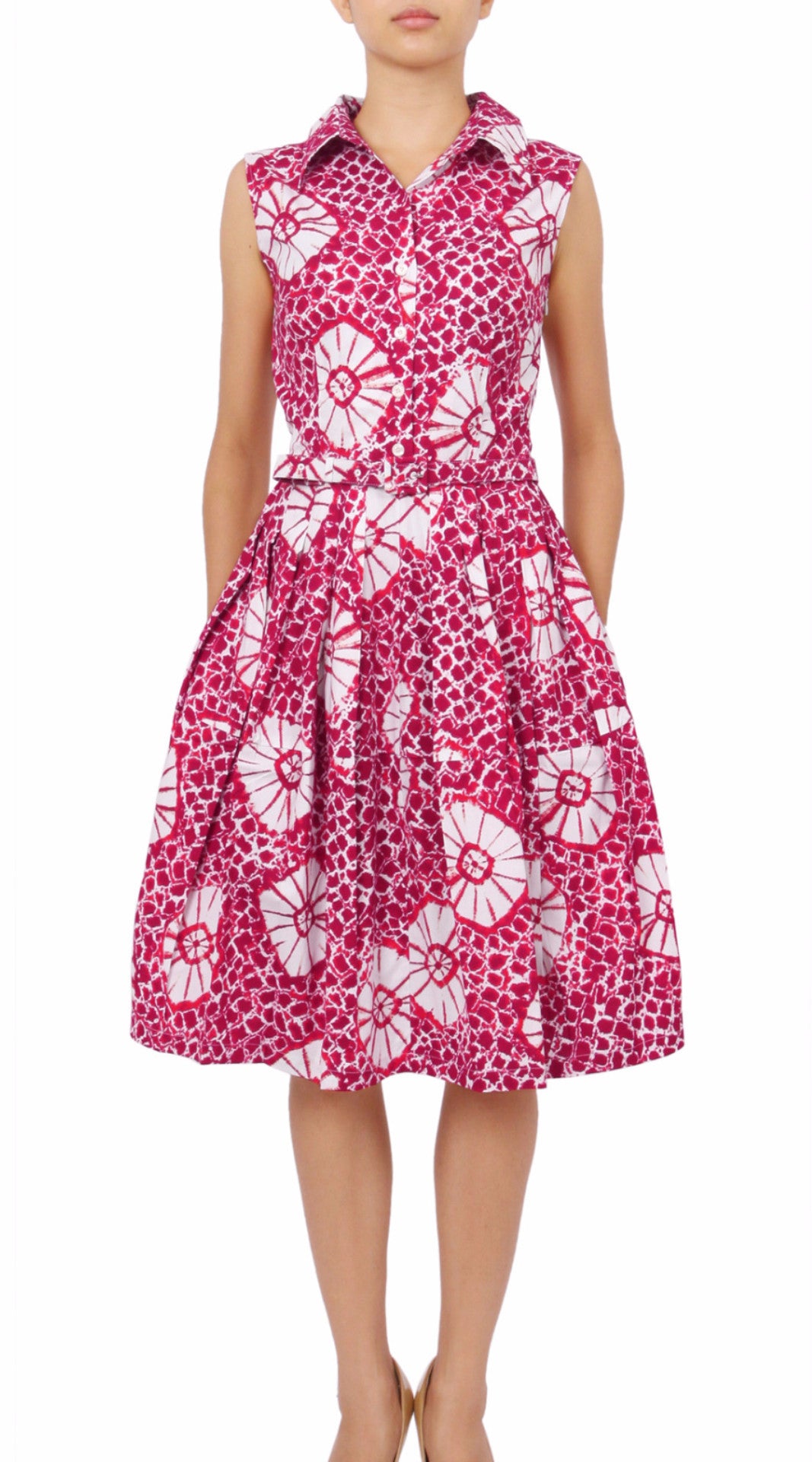 Sleeveless | Itajime Shibori | Pink White | Front | Shirt Dress By Samantha Sung