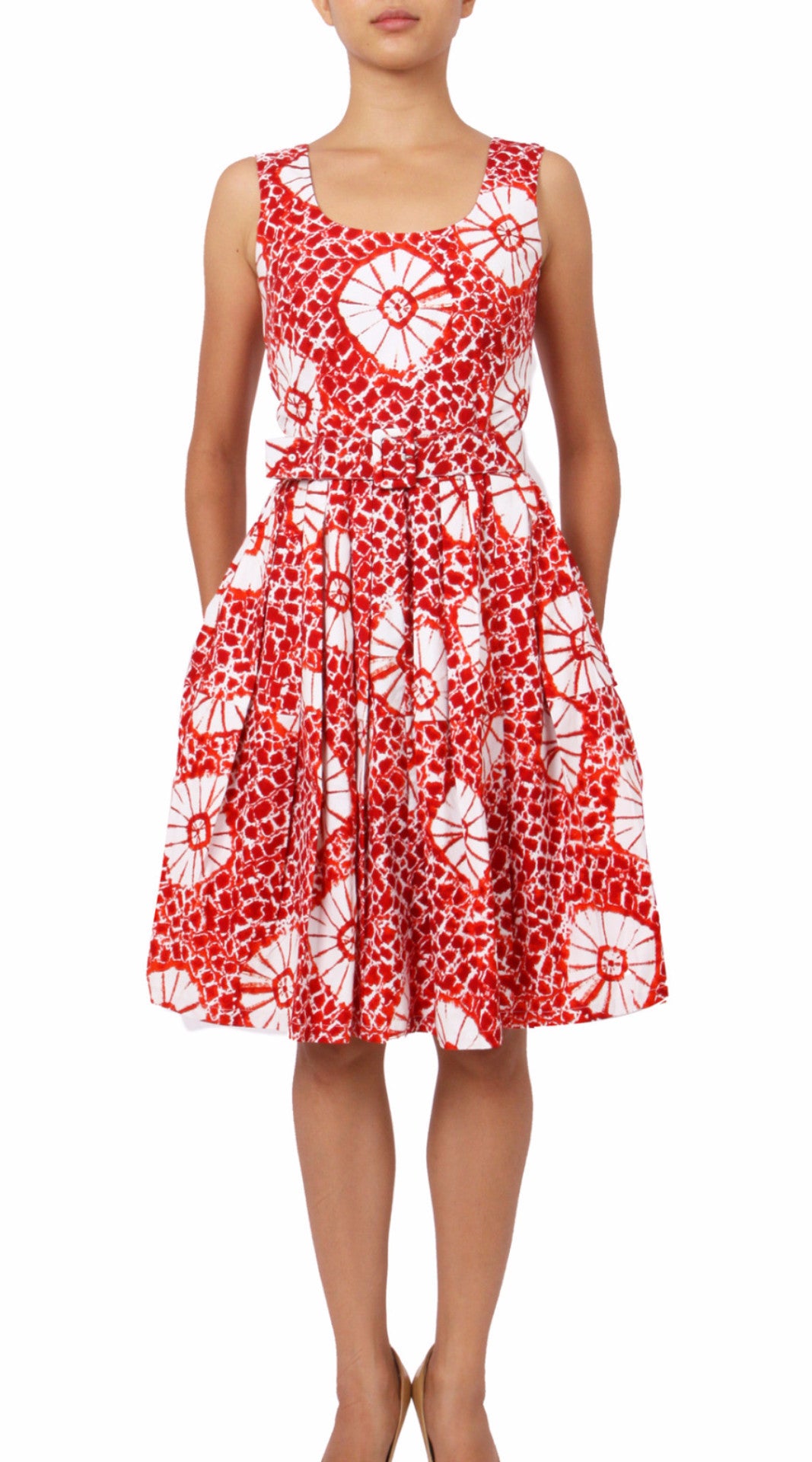 Sleeveless | Itajime Shibori | Indian Red White | Front | Dress By Samantha Sung