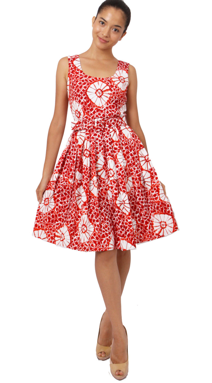 Sleeveless | Itajime Shibori | Indian Red White | Front-1 | Dress By Samantha Sung