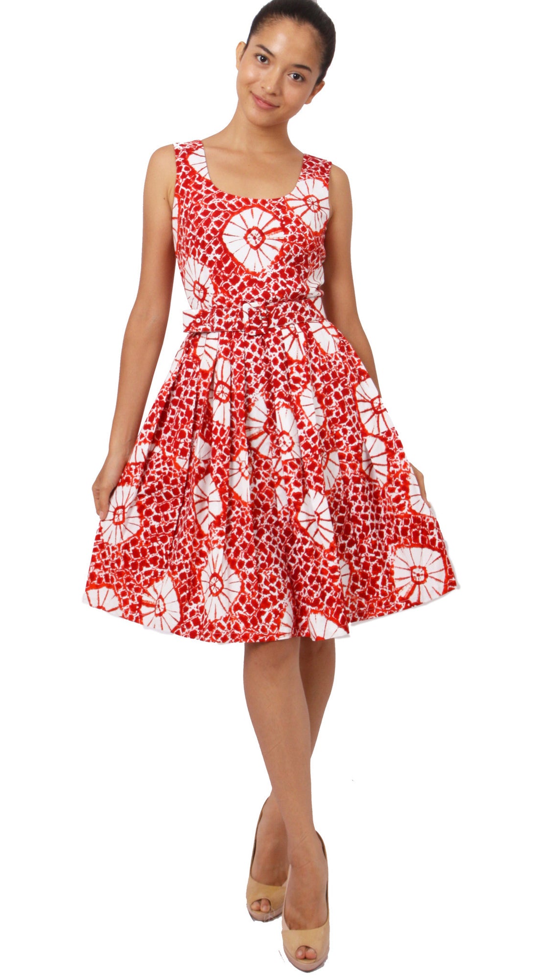 Sleeveless | Itajime Shibori | Indian Red White | Front-1 | Dress By Samantha Sung