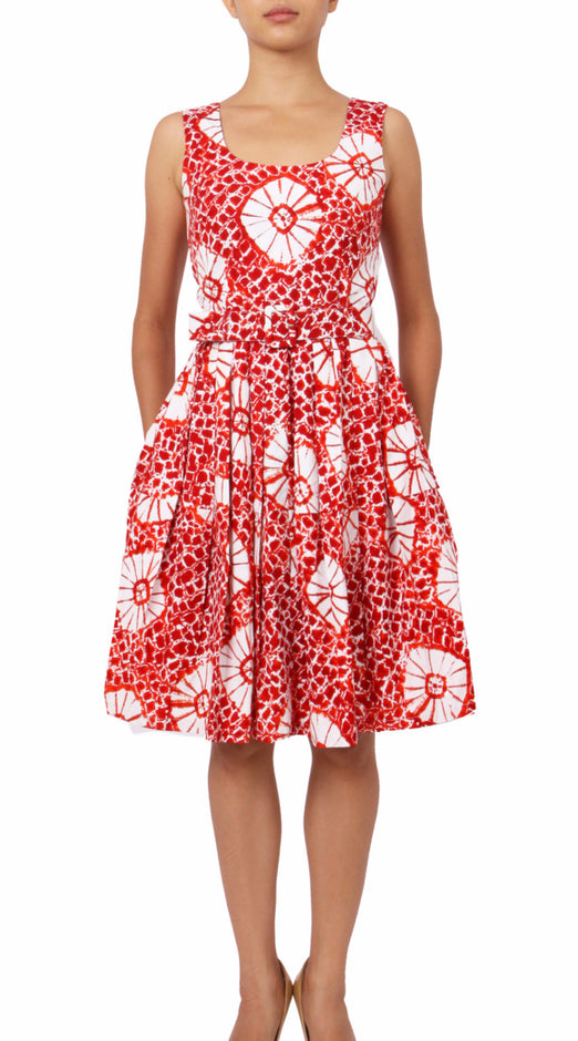 Sleeveless | Itajime Shibori | Indian Red White | Front-1 | Dress By Samantha Sung