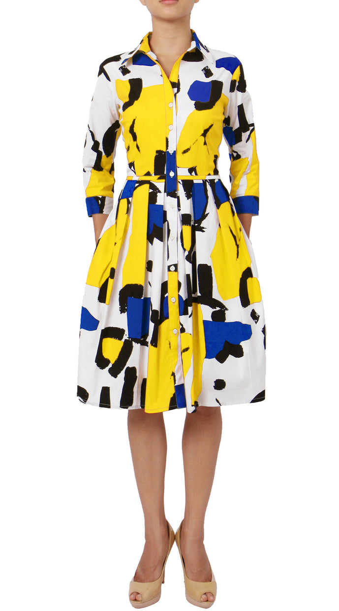 3/4 Sleeve | Jean Arp | White Chrome Yellow | Front | Shirt Dress By Samantha Sung