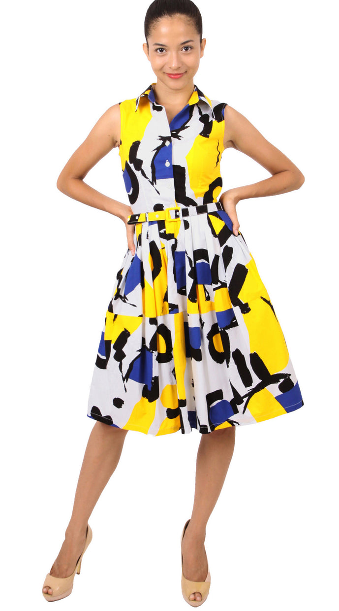 Sleeveless | Jean Arp | White Chrome Yellow | Front-1 | Shirt Dress By Samantha Sung