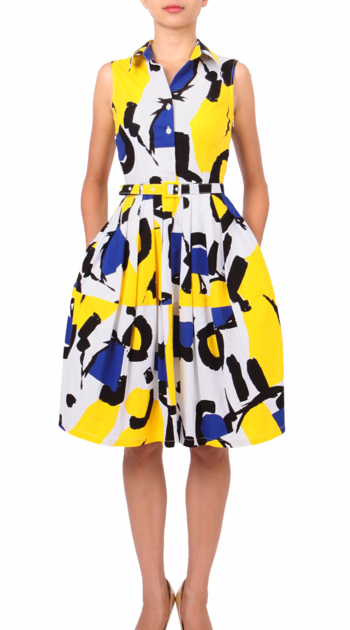Sleeveless | Jean Arp | White Chrome Yellow | Front | Shirt Dress By Samantha Sung