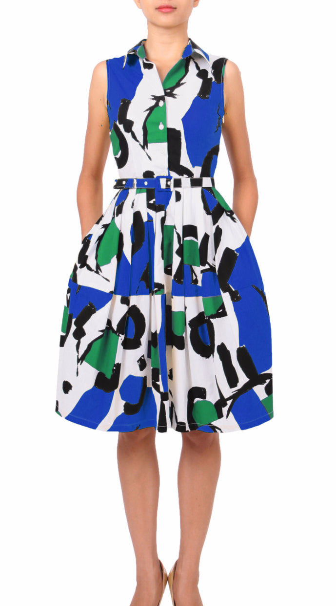 Sleeveless | Jean Arp | White Cobalt Blue | Front | Shirt Dress By Samantha Sung