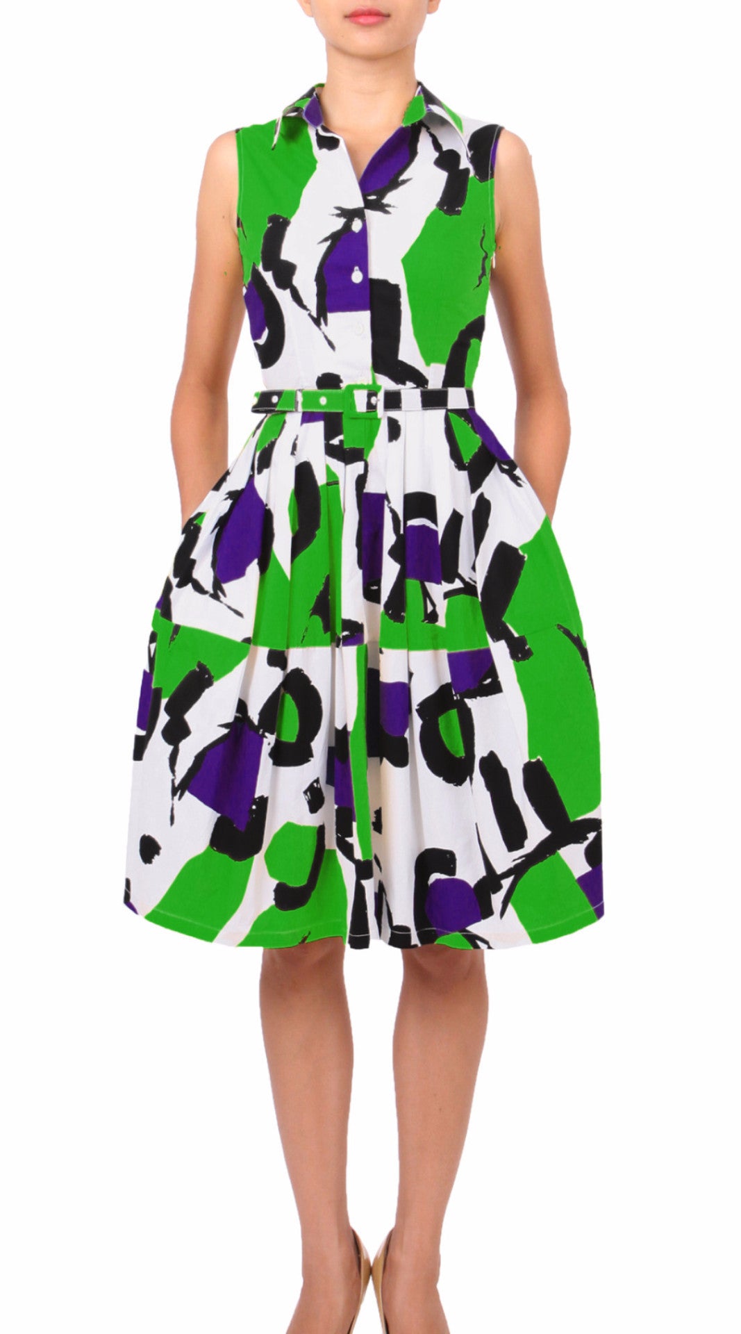 Sleeveless | Jean Arp | White Grass Green | Front | Shirt Dress By Samantha Sung