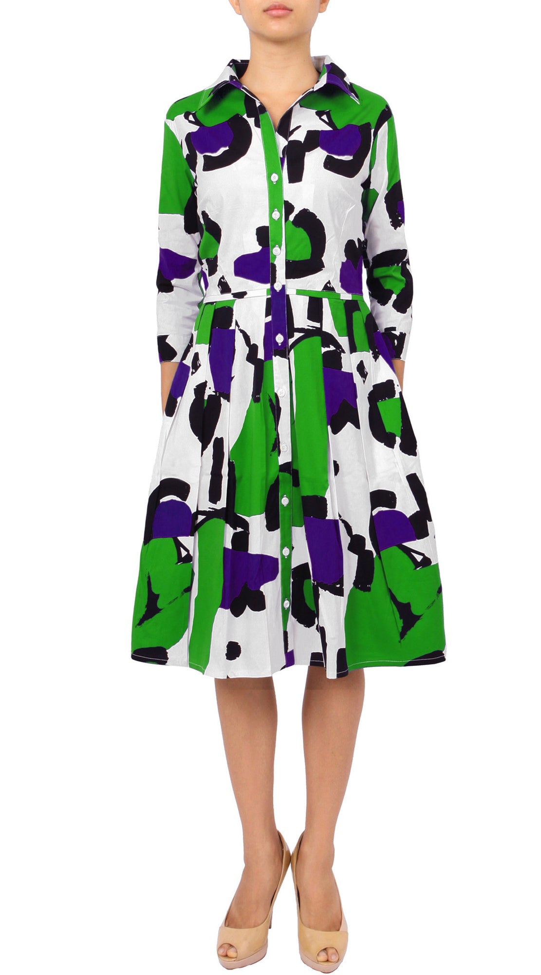 3/4 Sleeve | Jean Arp | White Pine Green | Front | Shirt Dress By Samantha Sung