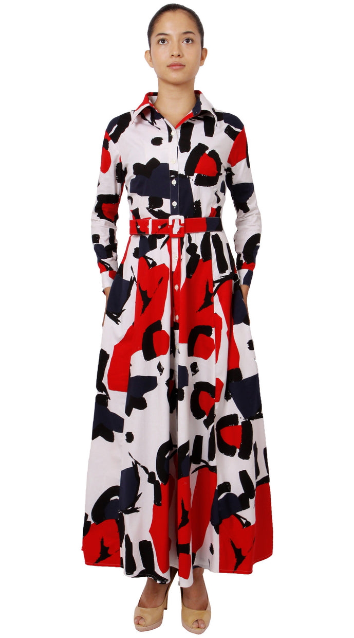 Long Sleeve | Jean Arp | White Indian Red | Front | Shirt Dress By Samantha Sung