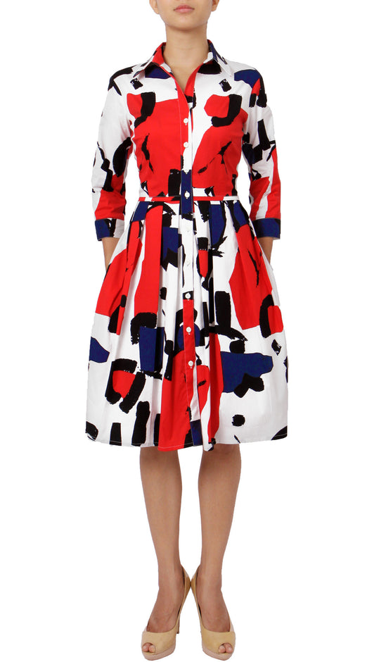 3/4 Sleeve | Jean Arp | White Indian Red | Front-1 | Shirt Dress By Samantha Sung