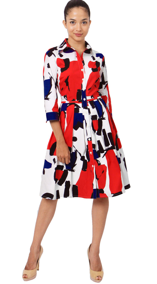 3/4 Sleeve | Jean Arp | White Indian Red | Front-1 | Shirt Dress By Samantha Sung