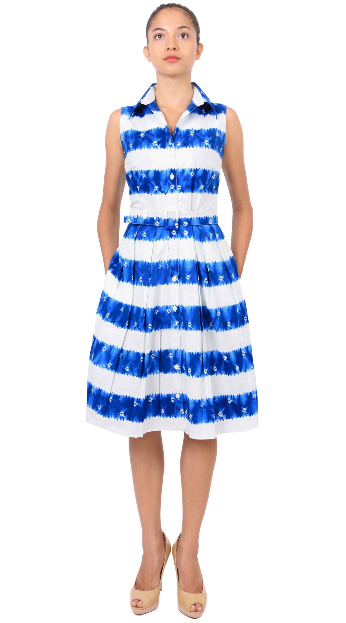 Sleeveless | Kanoko Shibori | White Cobalt Blue | Front | Shirt Dress By Samantha Sung