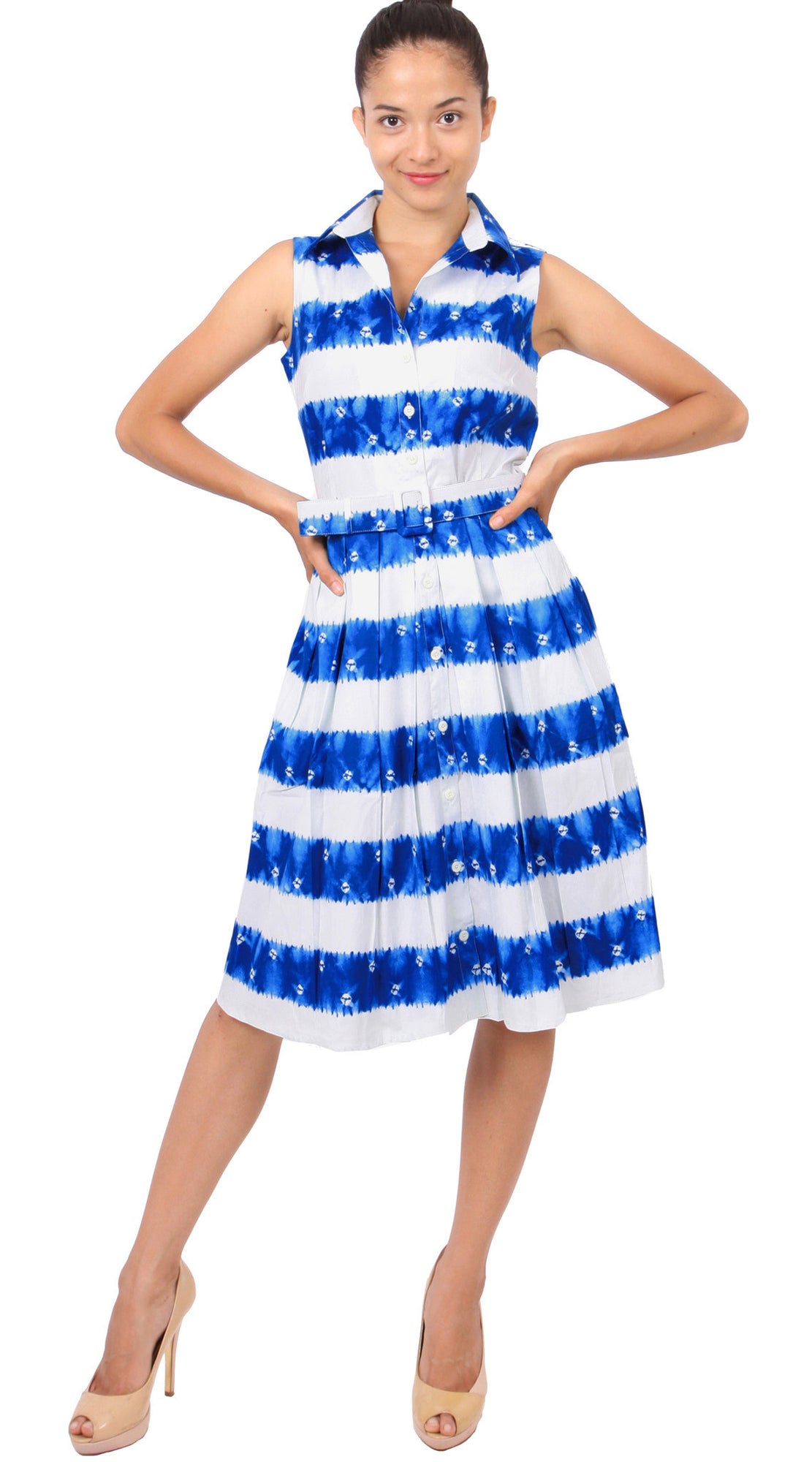 Sleeveless | Kanoko Shibori | White Cobalt Blue | Front-1 | Shirt Dress By Samantha Sung