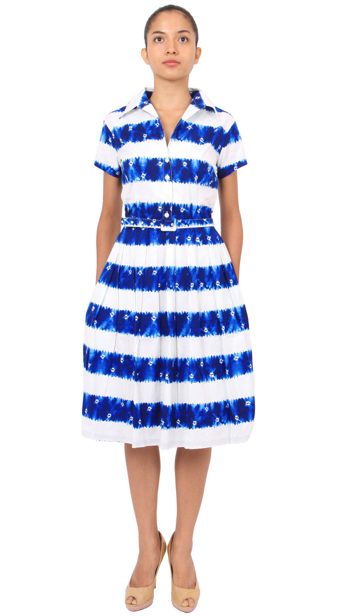 Cap Sleeve | Kanoko Shibori | White Cobalt Blue | Front | Shirt Dress By Samantha Sung