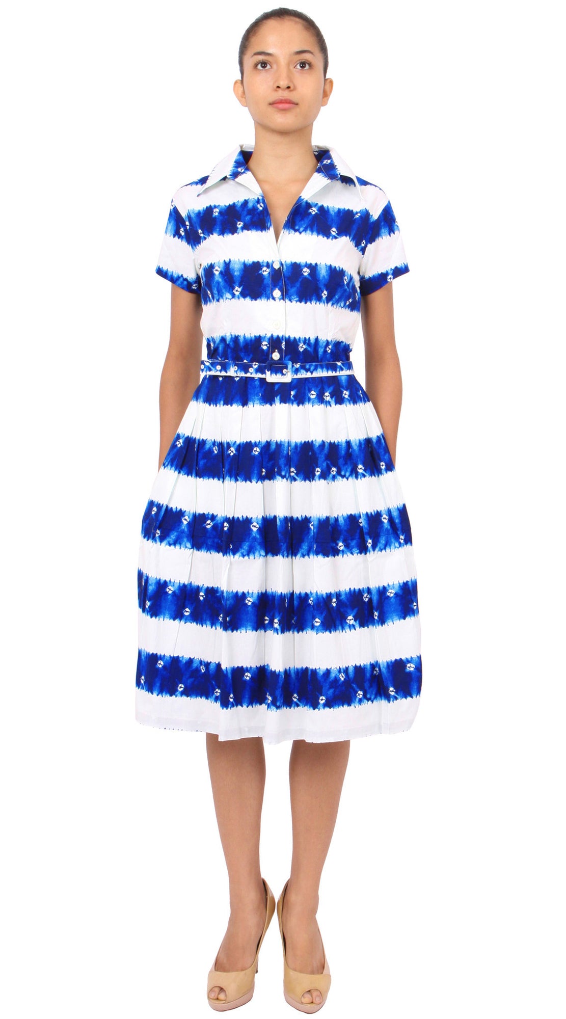 Cap Sleeve | Kanoko Shibori | White Cobalt Blue | Front | Shirt Dress By Samantha Sung