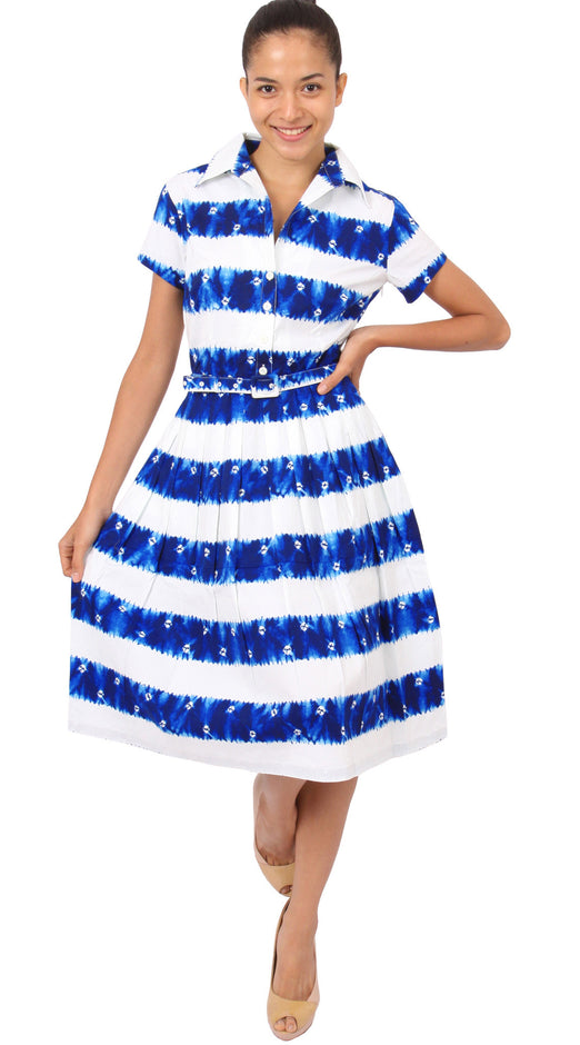 Cap Sleeve | Kanoko Shibori | White Cobalt Blue | Front-1 | Shirt Dress By Samantha Sung