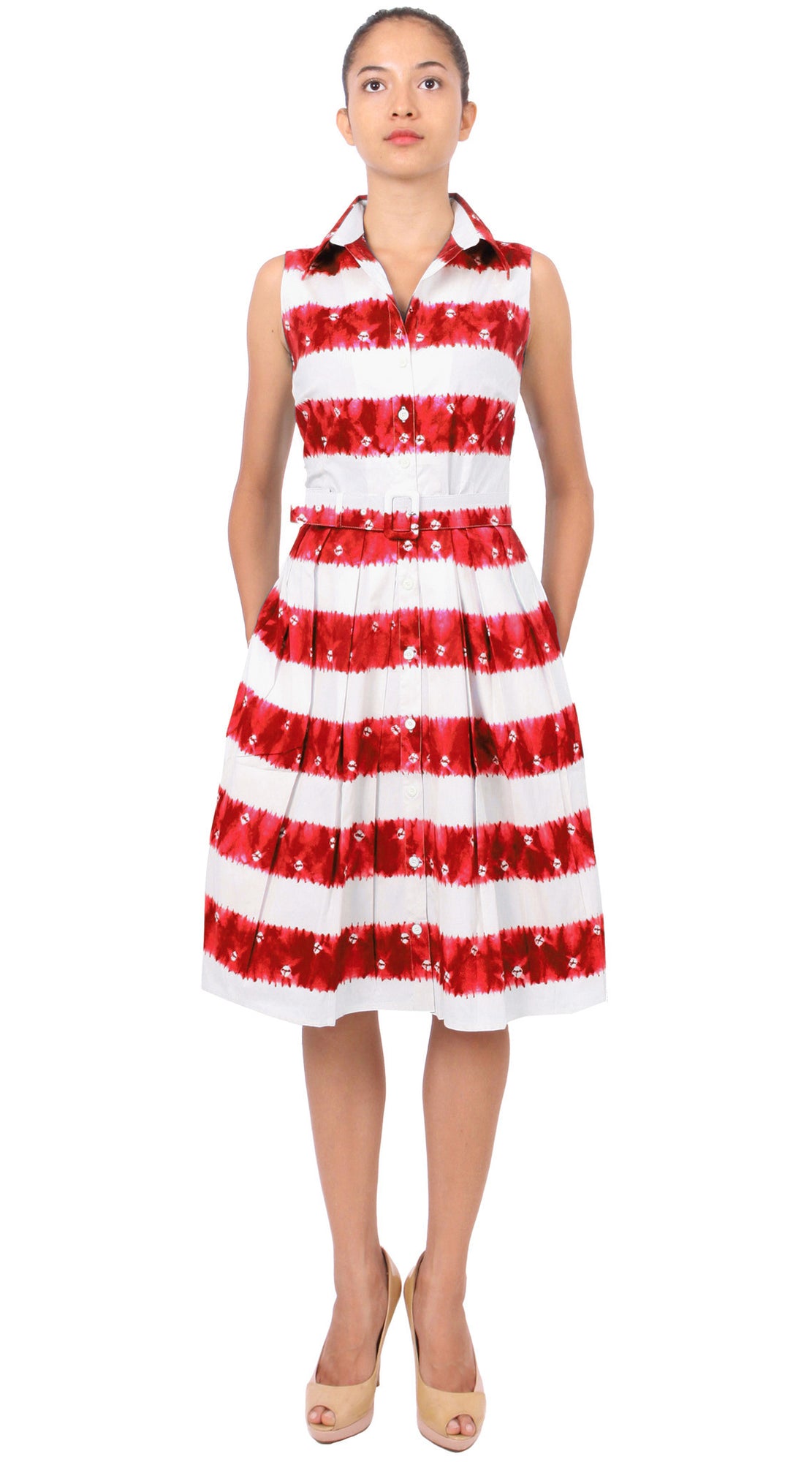 Sleeveless | Kanoko Shibori | White Indian Red | Front | Shirt Dress By Samantha Sung