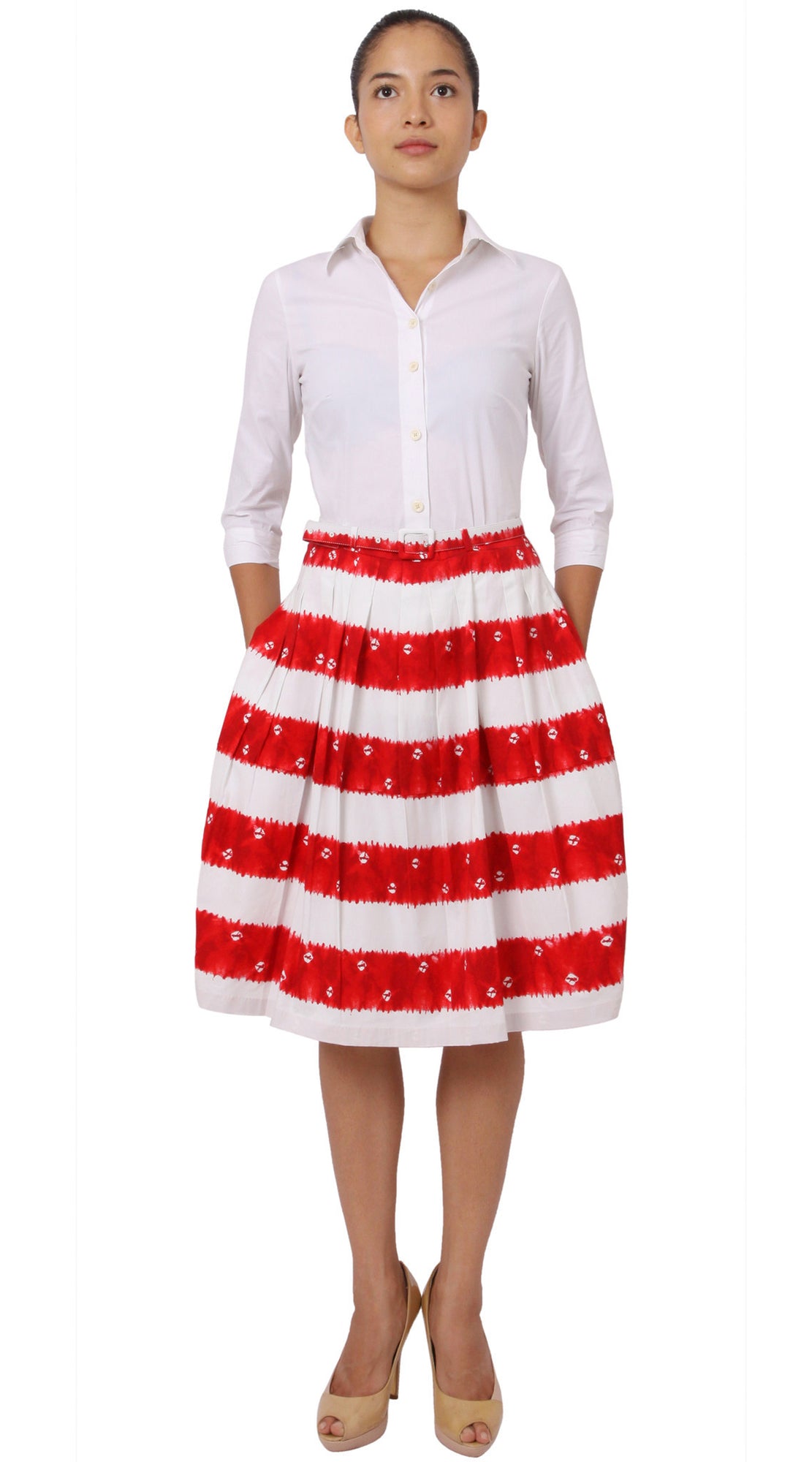 Regular | Kanoko Shibori | White Indian Red | Front | Skirt By Samantha Sung