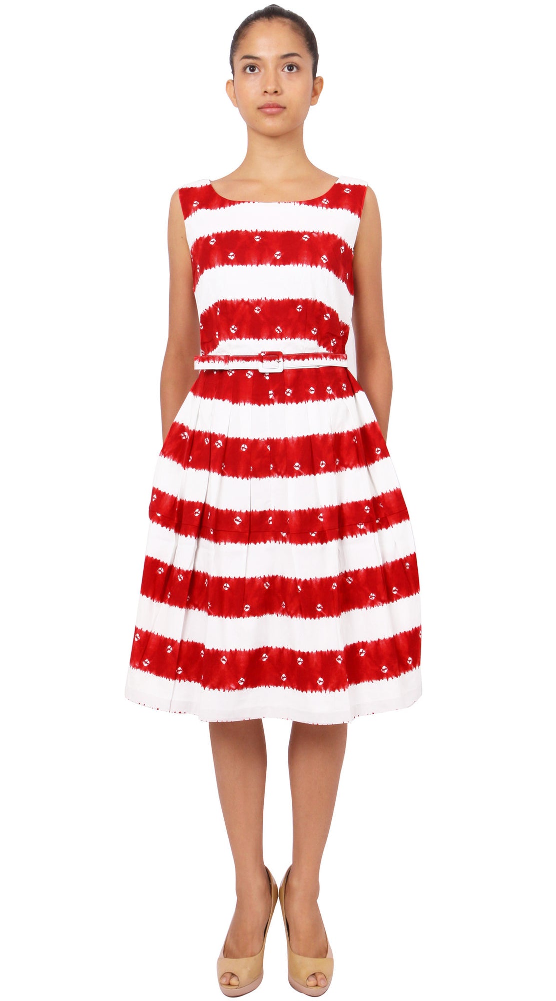 Sleeveless | Kanoko Shibori | White Indian Red | Front | Dress By Samantha Sung