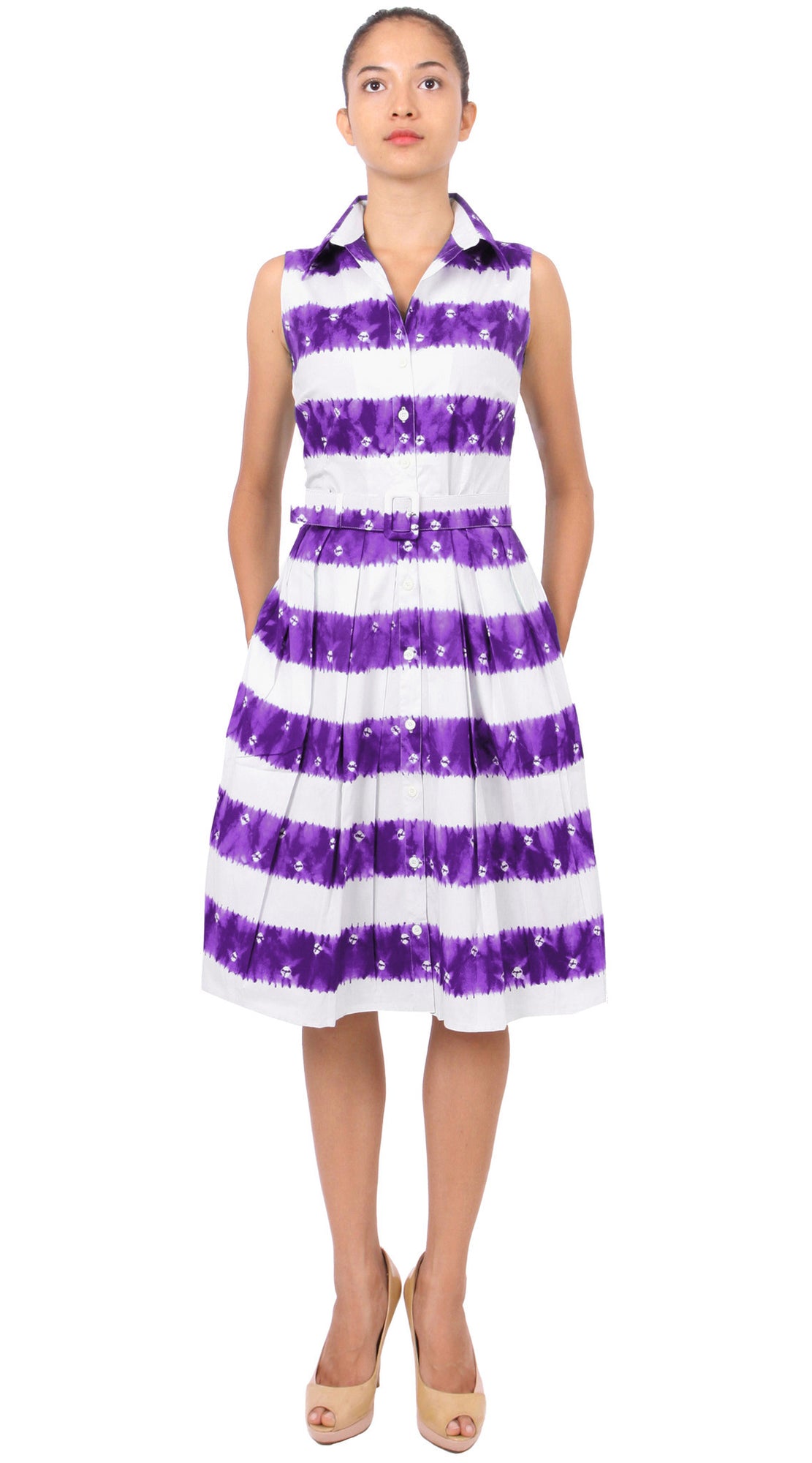 Sleeveless | Kanoko Shibori | White Lilac | Front | Shirt Dress By Samantha Sung