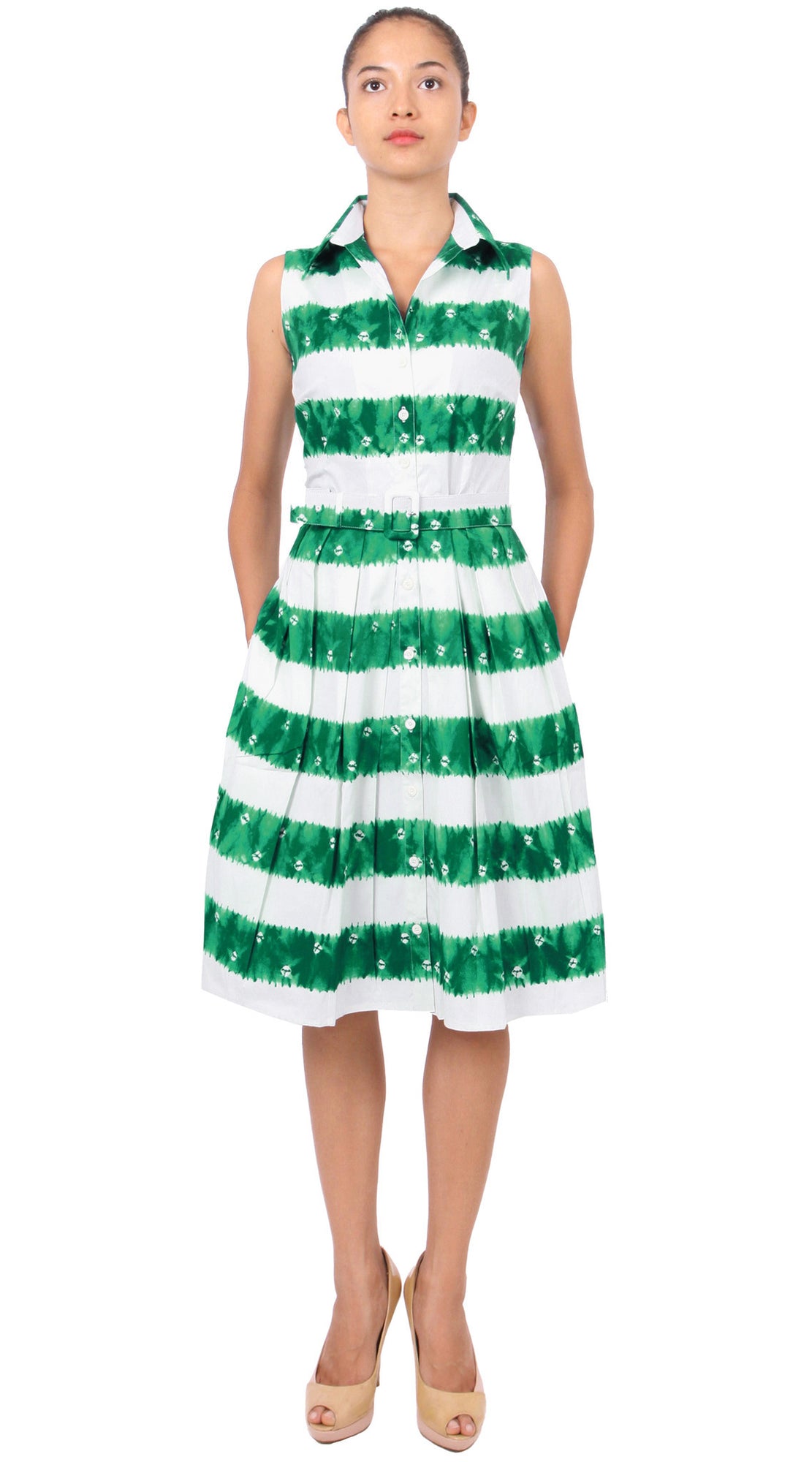 Sleeveless | Kanoko Shibori | White Pine Green | Front | Shirt Dress By Samantha Sung