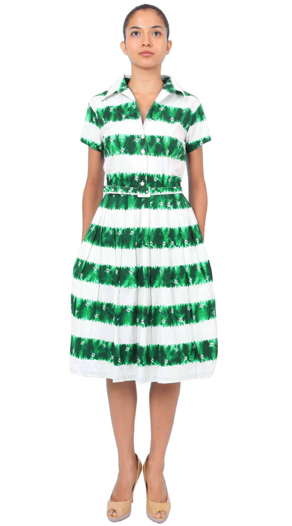 Cap Sleeve | Kanoko Shibori | White Pine Green | Front | Shirt Dress By Samantha Sung
