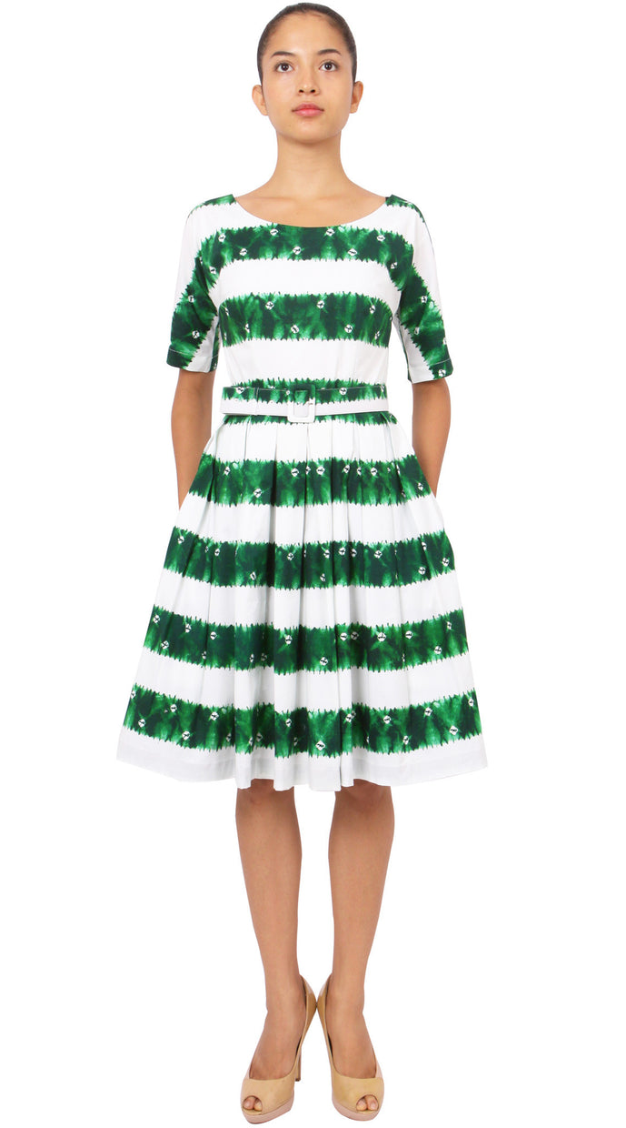1/2 Sleeve | Kanoko Shibori | White Pine Green | Front | Dress By Samantha Sung