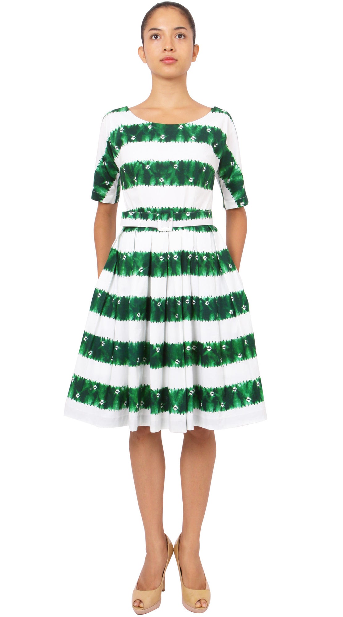 1/2 Sleeve | Kanoko Shibori | White Pine Green | Front | Dress By Samantha Sung