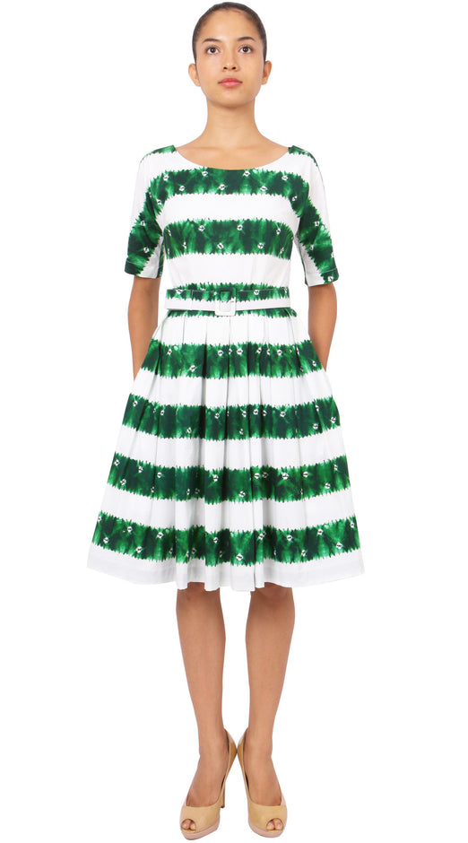 1/2 Sleeve | Kanoko Shibori | White Pine Green | Front-1 | Dress By Samantha Sung