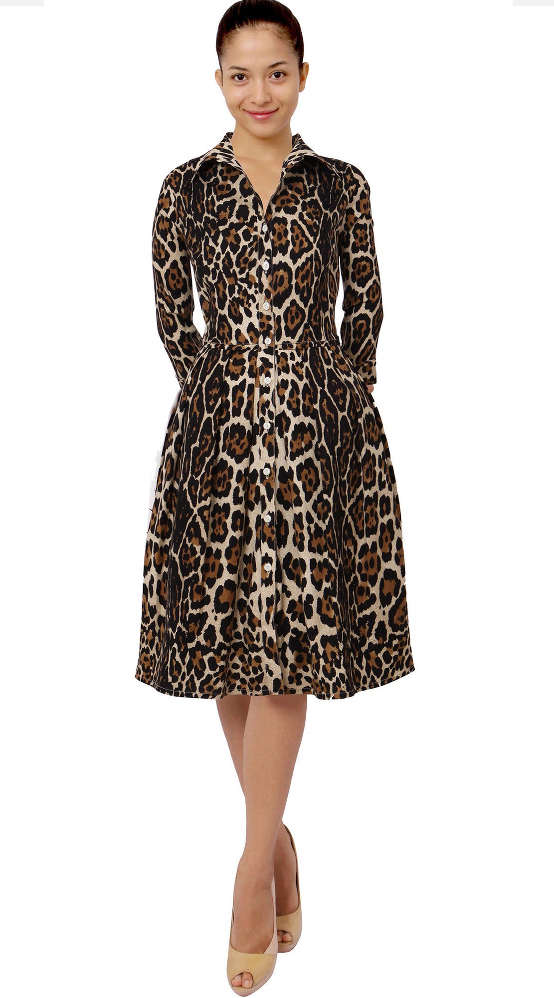 3/4 Sleeve | Kilimanjaro | Camel Black | Front | Shirt Dress By Samantha Sung