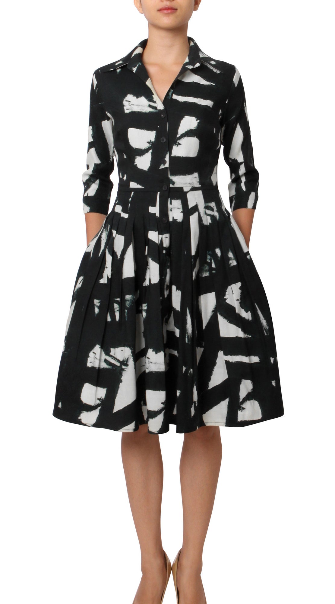 3/4 Sleeve | Kline | White Black | Front | Shirt Dress By Samantha Sung
