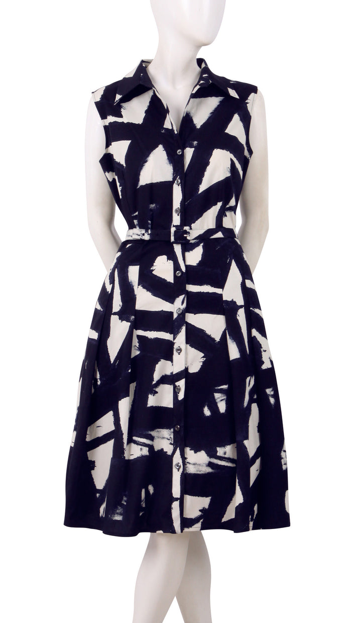 Sleeveless | Kline | White Midnight Blue | Front | Shirt Dress By Samantha Sung