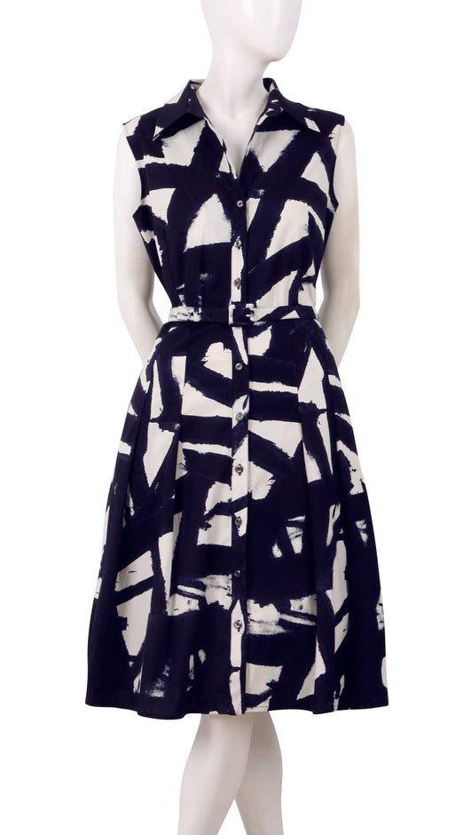 Sleeveless | Kline | White Midnight Blue | Front | Shirt Dress By Samantha Sung