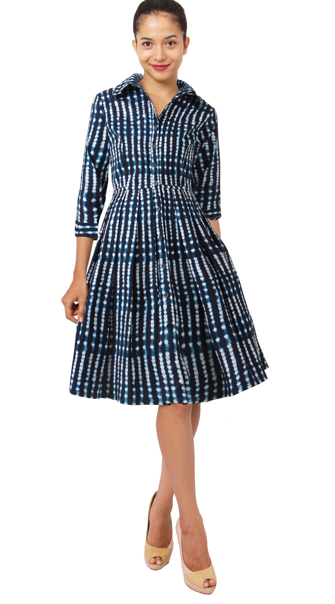 3/4 Sleeve | Knot Shibori | Midnight Blue White | Style | Shirt Dress By Samantha Sung