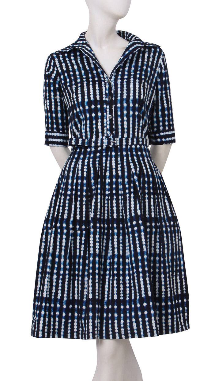 1/2 Sleeve | Knot Shibori | Midnight Blue White | Front | Shirt Dress By Samantha Sung