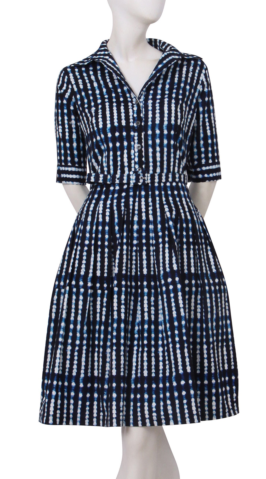 1/2 Sleeve | Knot Shibori | Midnight Blue White | Front | Shirt Dress By Samantha Sung