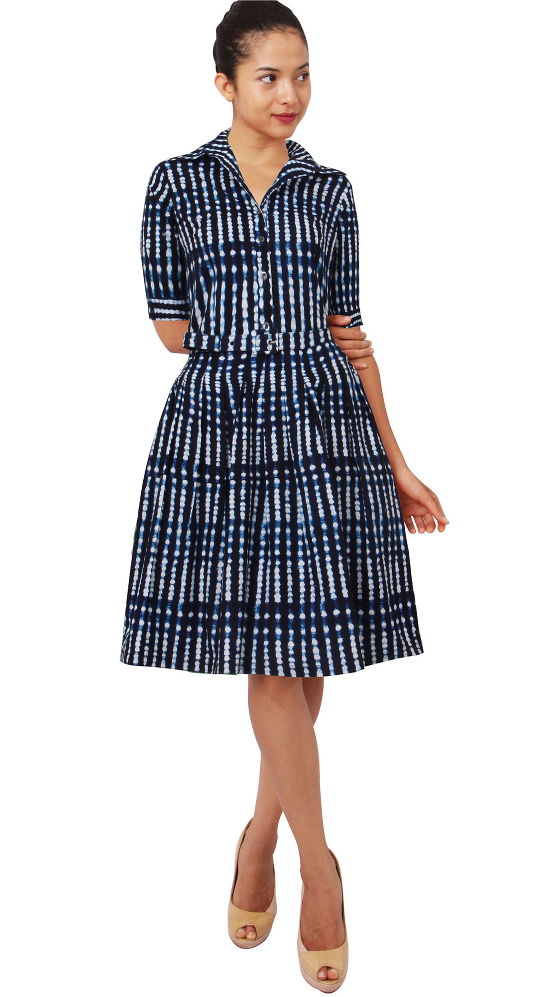 1/2 Sleeve | Knot Shibori | Midnight Blue White | Front | Shirt Dress By Samantha Sung
