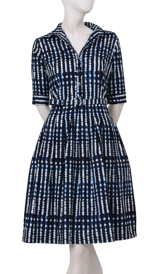 1/2 Sleeve | Knot Shibori | Midnight Blue White | Front | Shirt Dress By Samantha Sung