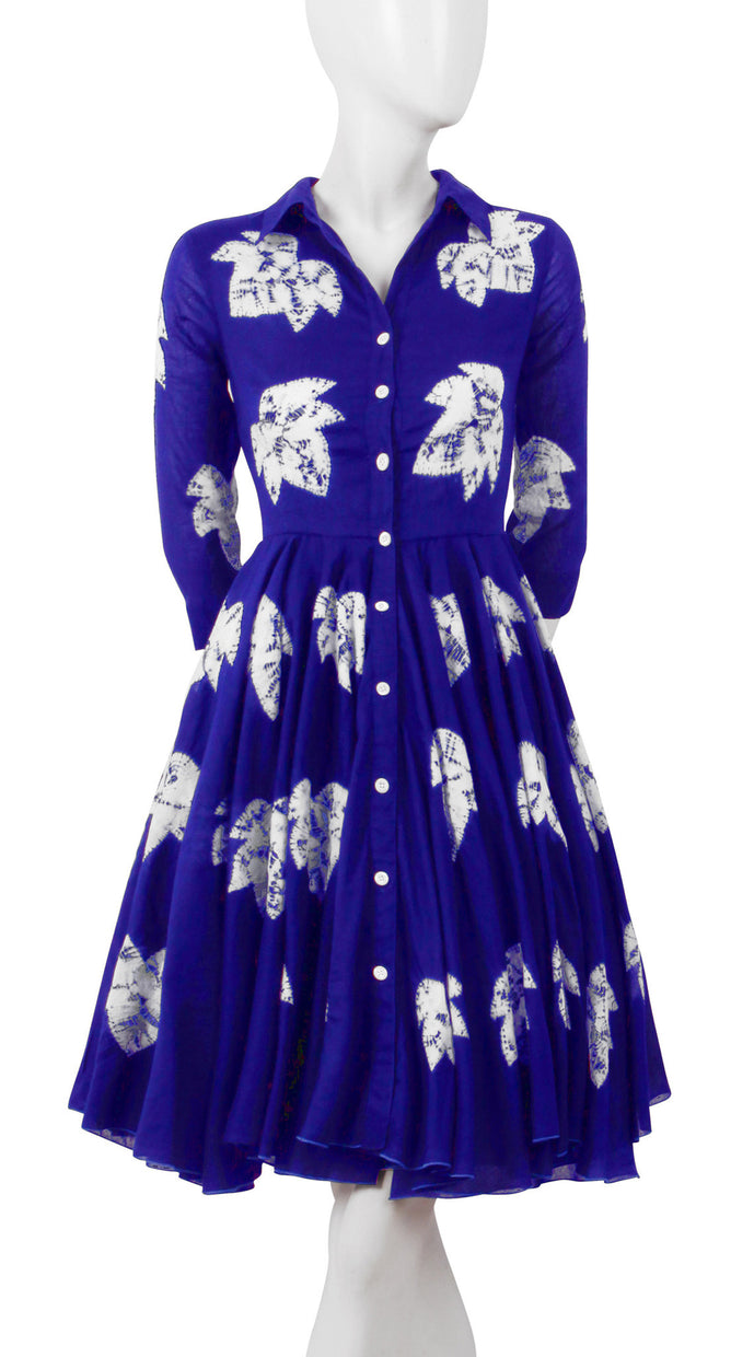 3/4 Sleeve | Leaf Shibori | Admiral Blue | Front-1 | Shirt Dress By Samantha Sung