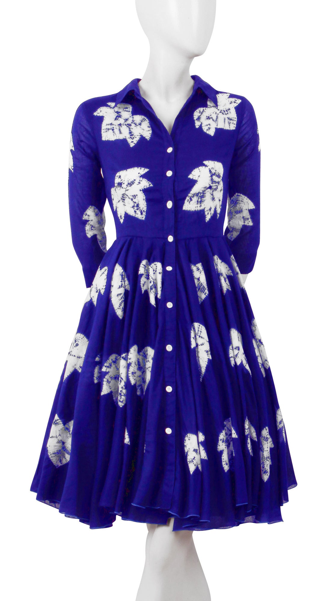 3/4 Sleeve | Leaf Shibori | Admiral Blue | Front-1 | Shirt Dress By Samantha Sung