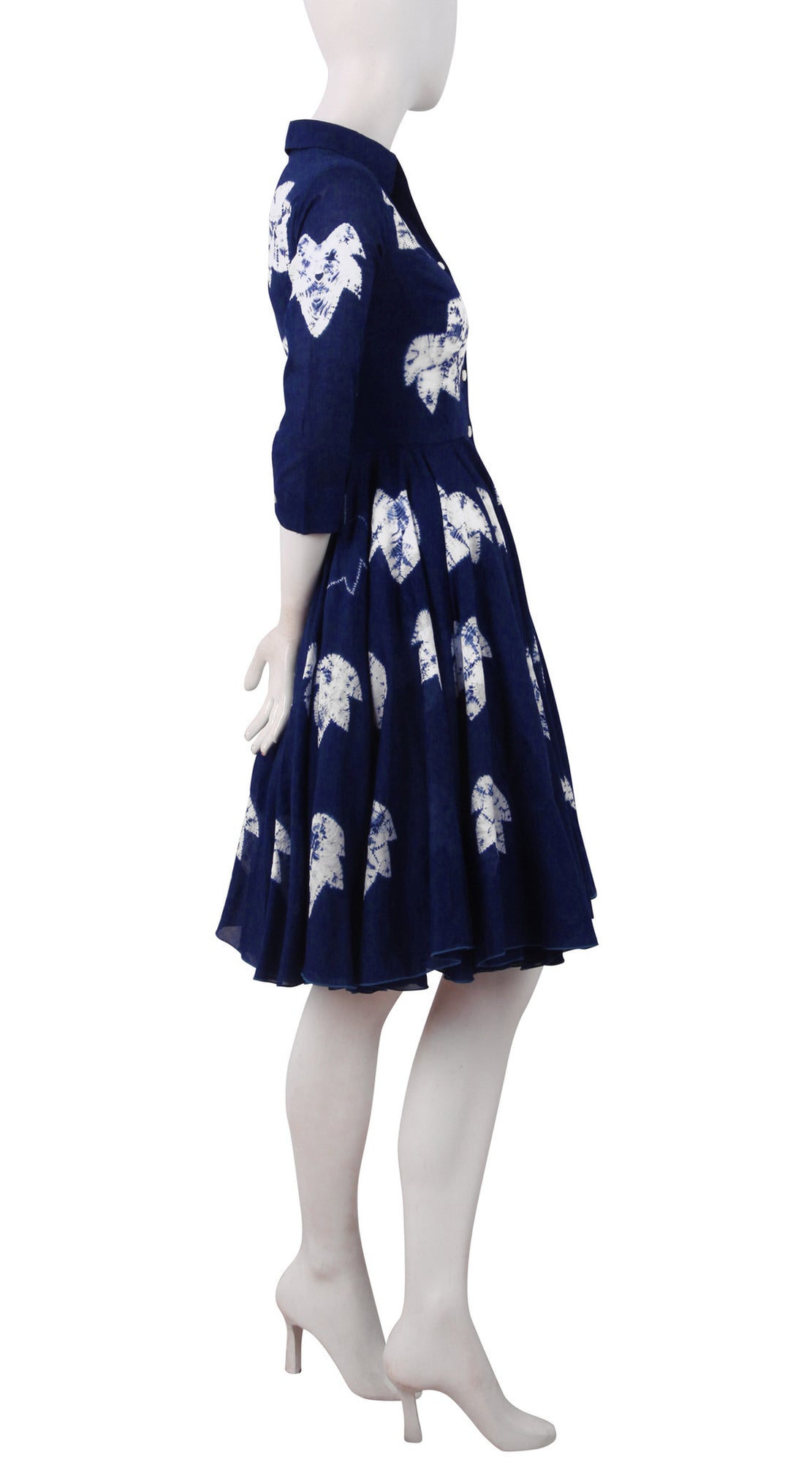 3/4 Sleeve | Leaf Shibori | Indigo | Right | Shirt Dress By Samantha Sung