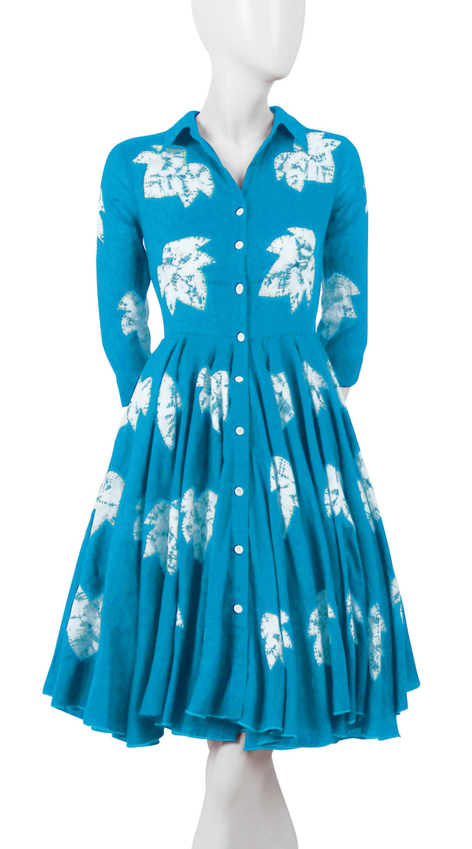 3/4 Sleeve | Leaf Shibori | Aqua | Front-1 | Shirt Dress By Samantha Sung