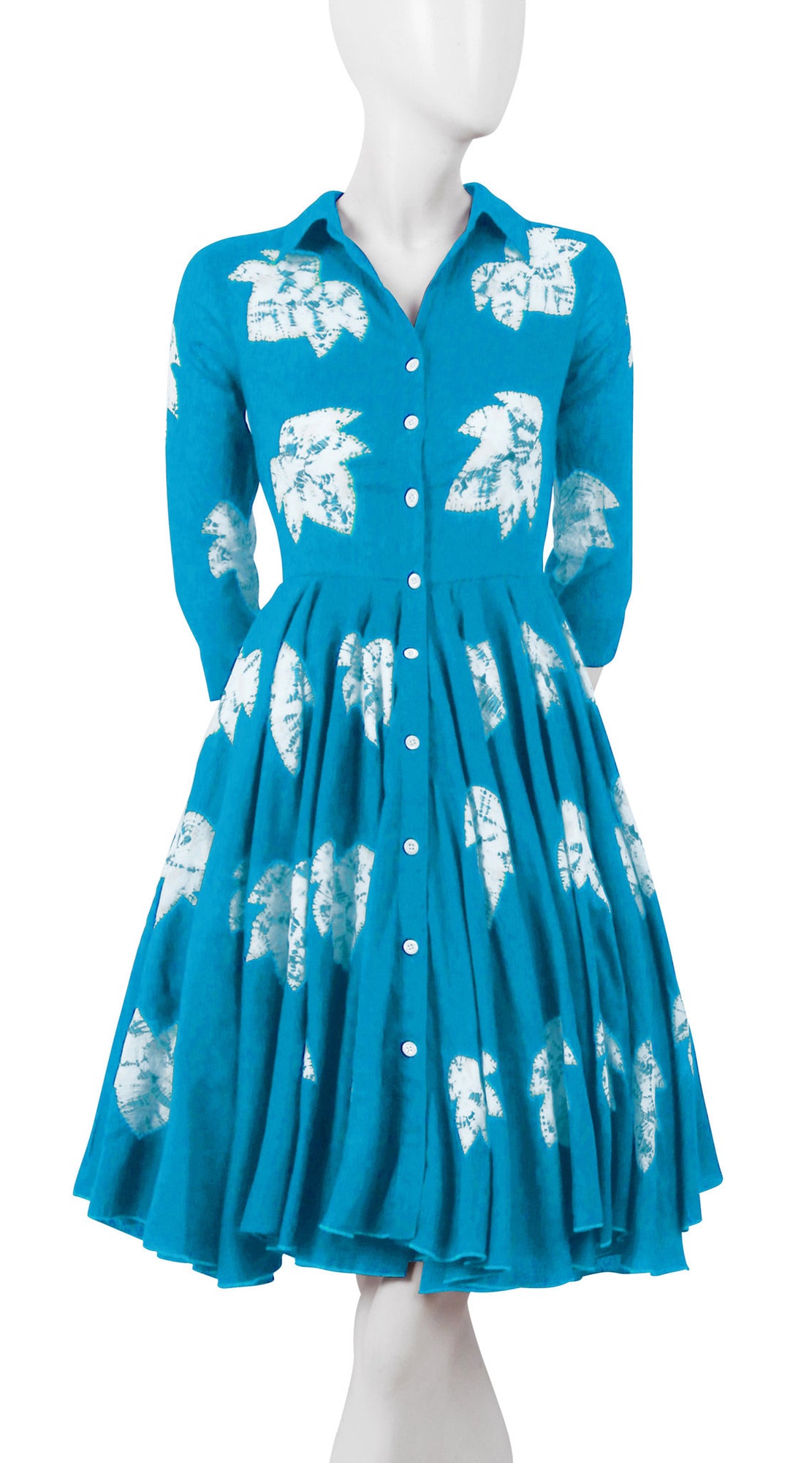 3/4 Sleeve | Leaf Shibori | Aqua | Front-1 | Shirt Dress By Samantha Sung