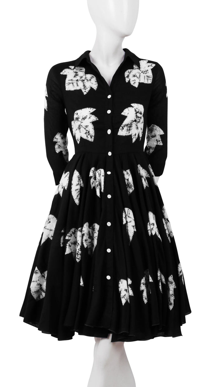 3/4 Sleeve | Leaf Shibori | Black | Front-1 | Shirt Dress By Samantha Sung