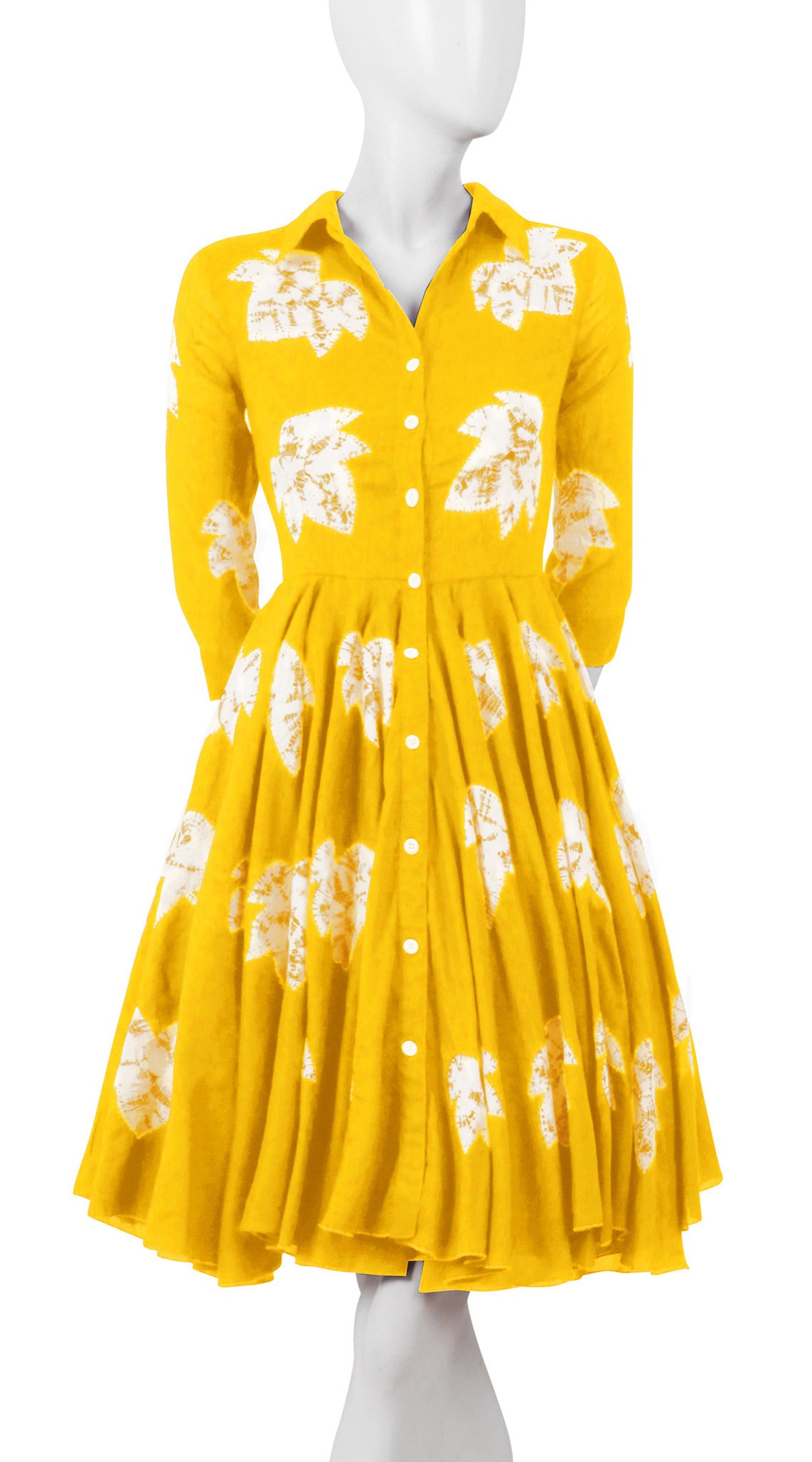 3/4 Sleeve | Leaf Shibori | Canary Yellow | Front-1 | Shirt Dress By Samantha Sung