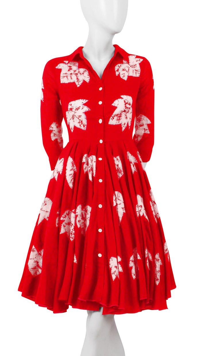 3/4 Sleeve | Leaf Shibori | Indian Red | Front-1 | Shirt Dress By Samantha Sung