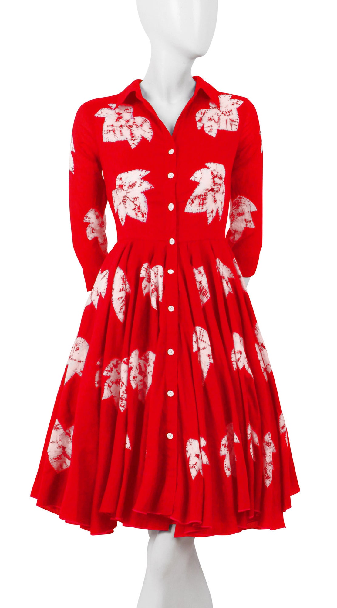 3/4 Sleeve | Leaf Shibori | Indian Red | Front-1 | Shirt Dress By Samantha Sung