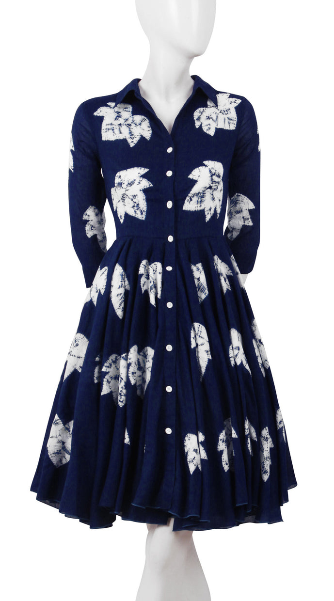 3/4 Sleeve | Leaf Shibori | Indigo | Front-1 | Shirt Dress By Samantha Sung